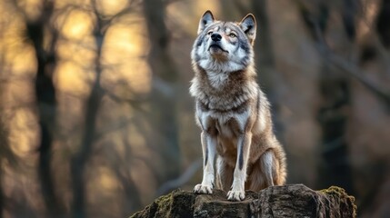 Poster - Majestic gray wolf sitting on a tree stump, gazing upward at the golden sunset light filtering through the autumn forest. : Generative AI
