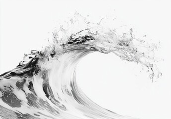 Poster - A dramatic monochrome image depicts a powerful ocean wave cresting, showcasing its dynamic form and the spray of water against a stark white background. : Generative AI