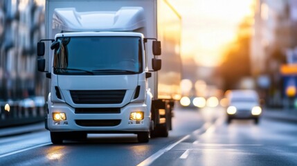 Poster - White delivery truck driving on city street at sunset, blurred background, transportation logistics, urban setting, commercial vehicle : Generative AI
