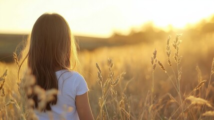 Fototapete - A young girl with long brown hair stands in a golden wheat field at sunset, gazing towards the horizon, bathed in warm light. : Generative AI