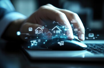 Fototapete - A person's hand using a computer mouse, interacting with a digital interface showing house icons, email, and data charts, representing smart home technology and online property managem : Generative AI