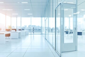Poster - Modern office interior with glass partition and open door, showcasing a bright and spacious workspace with blurred background of desks and city view. : Generative AI