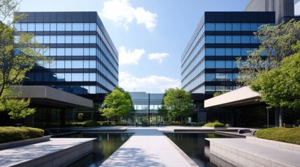 Poster - Modern corporate campus with two sleek glass buildings, a central courtyard, and reflecting pools, showcasing a tranquil and professional atmosphere. : Generative AI