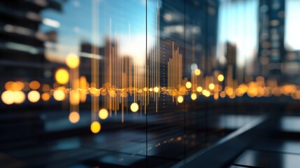 Leinwandbilder - Abstract digital display showing financial data with a blurred city skyline at sunset, reflecting modern technology and urban life. : Generative AI