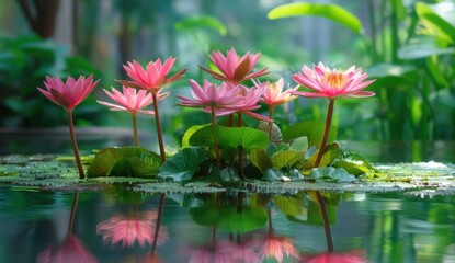 Aufkleber - Pink water lilies bloom serenely on a calm pond, their reflections mirrored in the still water, surrounded by lush green lily pads in a tranquil garden setting. : Generative AI