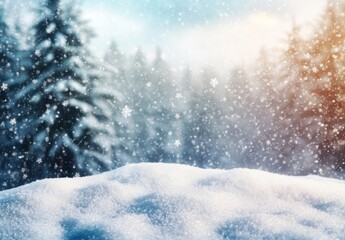 Aufkleber - A pristine snowdrift in a winter wonderland, with falling snowflakes and a blurred background of snow-covered pine trees under a bright, winter sky. : Generative AI
