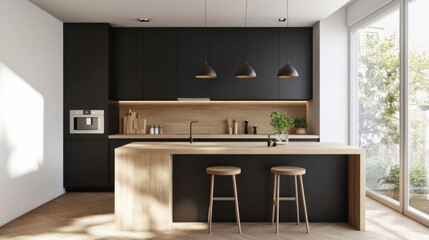 Leinwandbilder - Modern kitchen island with black cabinets and light wood countertops, illuminated by three pendant lights, overlooking a garden view. : Generative AI