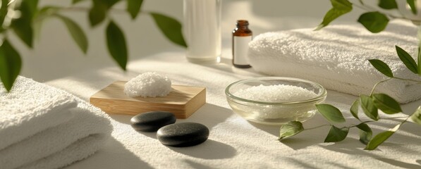 Leinwandbilder - Spa treatment scene with bath salts, towels, and essential oil, creating a serene and relaxing atmosphere. : Generative AI