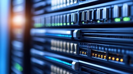 Aufkleber - Close-up view of a server rack with multiple hard drives and network interfaces, showcasing technology and data storage. : Generative AI