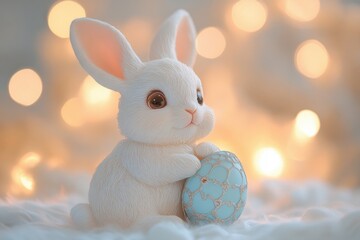 Poster - Adorable white bunny rabbit figurine holding a pastel blue Easter egg, bokeh lights background. : Generative AI