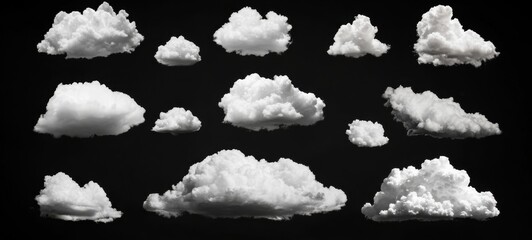Poster - Collection of various cumulus clouds isolated on a black background, perfect for weather, nature, or design projects.  High-resolution images ideal for compositing and graphic design. : Generative AI