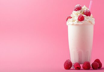 Aufkleber - Refreshing raspberry milkshake with whipped cream, served in a tall glass against a pink background. Perfect for summer or a sweet treat. : Generative AI