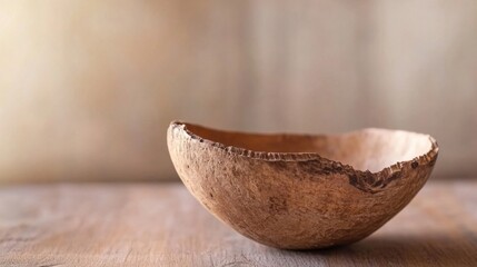 Poster - Rustic coconut shell bowl sits on a wooden table against a blurred beige background, showcasing its natural texture and craftsmanship. : Generative AI