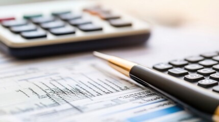 Fototapete - Close-up of a gold-accented pen resting on a financial document, next to a calculator; suggesting business, finance, or accounting. : Generative AI