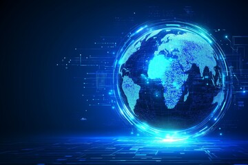 Fototapete - Futuristic digital world map with glowing blue lines and global network grid for tech and communication, Generative AI