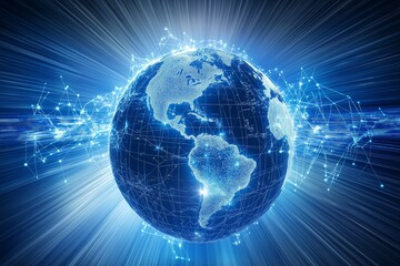 Aufkleber - Clean digital earth with blue glowing map and data points in minimal light background for global connection, Generative AI