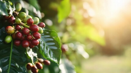 Leinwandbilder - Closeup of ripe and unripe coffee cherries on a branch, bathed in sunlight, showcasing the vibrant green and red hues of the beans. : Generative AI
