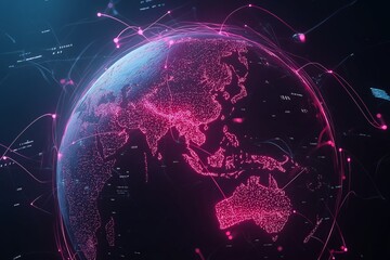 Poster - Digital globe with pink glowing tech network focusing on Asia and Australia in futuristic global concept, Generative AI