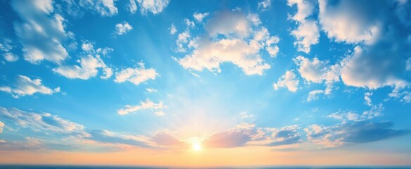 Aufkleber - Stunning sunset over a vast landscape, showcasing a vibrant sky filled with fluffy cumulus clouds and radiant sunbeams. : Generative AI