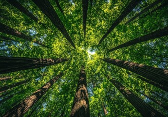 Aufkleber - Looking up at tall trees in a lush green forest, sunlight filtering through leaves, creating a canopy of vibrant foliage. : Generative AI