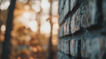 Fototapete - Close-up view of a weathered brick wall, blurred autumnal forest background, soft golden sunlight filtering through trees. : Generative AI