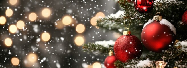Aufkleber - Close-up of red christmas ornaments adorned with snow on a festive christmas tree, illuminated by warm bokeh lights and falling snow. : Generative AI