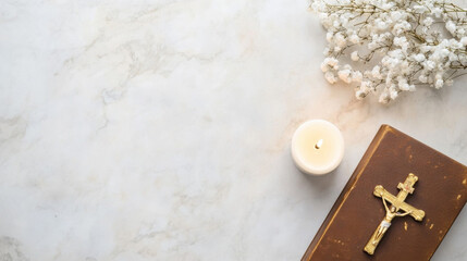 Aufkleber - Serene still life featuring a lit candle, a golden crucifix on an antique book, and delicate white gypsophila flowers on a marble surface. : Generative AI