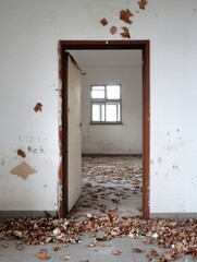 Aufkleber - Open doorway reveals a dilapidated room strewn with fallen leaves, sunlight filtering through a single window in the otherwise decaying interior. : Generative AI