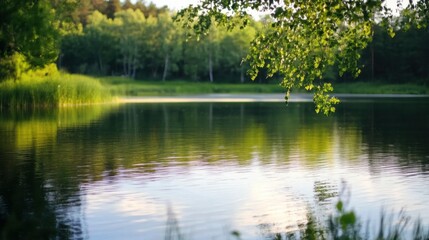 Leinwandbilder - Serene summer evening at a tranquil lake, reflecting the lush green trees and calm water, with birch branches gently overhanging. : Generative AI