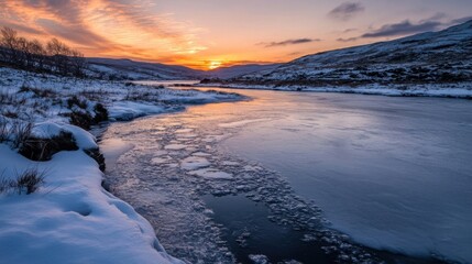 Fototapete - Serene winter sunset over a partially frozen river, snow-covered banks, and distant hills bathed in warm, orange light. : Generative AI