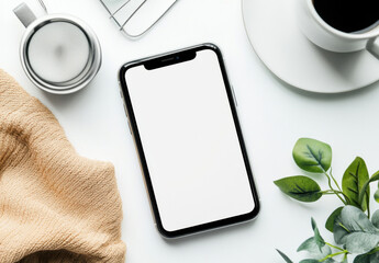Poster - Modern flatlay showcasing a smartphone with blank screen, coffee cup, beige textile, and eucalyptus sprig on white surface. : Generative AI
