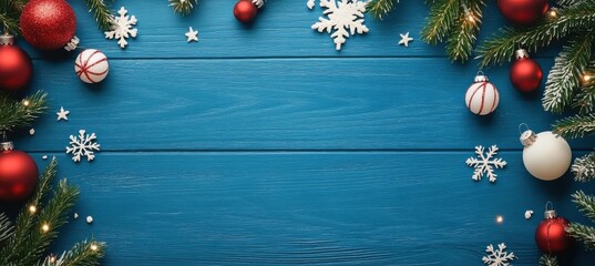 Leinwandbilder - Festive Christmas border with red and white ornaments, snowflakes, and pine branches on a blue wooden background, perfect for holiday cards or invitations. : Generative AI