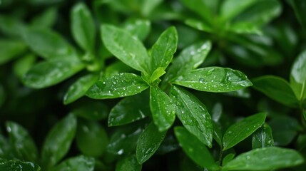 Poster - Close-up view of lush green leaves glistening with morning dew, showcasing vibrant, healthy foliage and a refreshing natural scene. : Generative AI