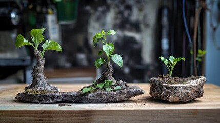 Leinwandbilder - Three young plants sprout from rustic wood, showcasing growth and nature's resilience.  A miniature garden scene, perfect for illustrating themes of renewal and environmental sustainab : Generative AI