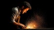 © Creative Reflections - Forge Master: A skilled artisan, with focused intensity, wields a hammer over an anvil, sparks flying into the darkness, showcasing the dedication and artistry of traditional craft.