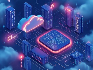Fototapete - Futuristic Cityscape with Cloud Computing and Data Processing Elements