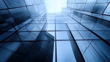 Poster - Low angle view of a modern glass skyscraper reflecting the sky, showcasing its geometric facade and architectural design elements. : Generative AI