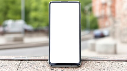 Poster - Modern smartphone with blank screen rests on granite ledge, outdoors, blurred city background. : Generative AI