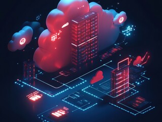 Aufkleber - Futuristic Cloud Computing Concept with Neon Lights and Data Storage