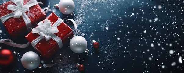 Aufkleber - Red gift boxes with white ribbons and silver ornaments rest on a dark blue wooden surface, lightly dusted with snow; a festive Christmas scene. : Generative AI