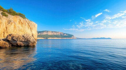 Poster - Serene coastal scene featuring a dramatic cliff face, tranquil blue sea, and a distant mountain range under a clear sky. : Generative AI