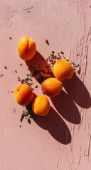 Poster - Five ripe apricots arranged on a pink textured surface, scattered with small seeds, casting shadows in sunlight. : Generative AI