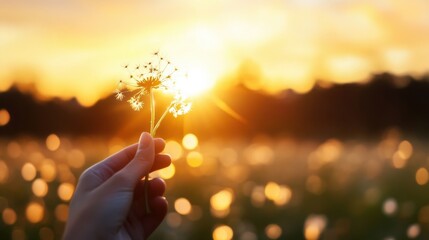 Fototapete - Silhouette of a hand gently holding a dandelion seed head at sunset, bathed in warm golden light, against a blurred field. : Generative AI
