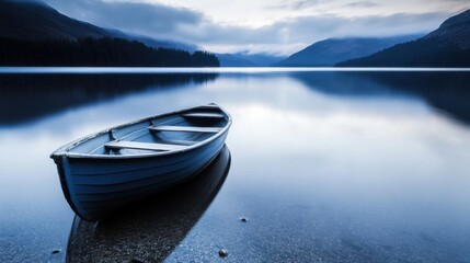 Naklejka na meble Serene blue rowboat rests on a still lake, reflecting misty mountains and tranquil sky at dawn. : Generative AI