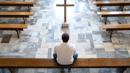 Poster - A man sits alone on a church pew, facing a wooden cross, contemplating in quiet solitude within a serene, light-filled space. : Generative AI