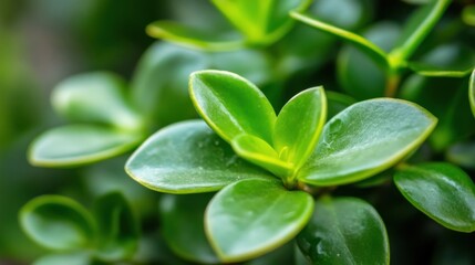 Leinwandbilder - Close-up of vibrant green jade plant leaves, showcasing their smooth texture and glossy surface.  The image highlights the intricate details of the plant's foliage. : Generative AI