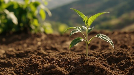 Leinwandbilder - A young sprout emerges from dark brown soil, bathed in sunlight, with blurred green plants in the background, showcasing new life and growth. : Generative AI