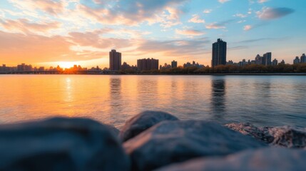 Poster - Sunset cityscape over calm water with rocks in foreground, showcasing a vibrant orange and blue sky, and a modern city skyline at dusk. : Generative AI