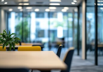 Poster - Modern office interior with a light wood table, yellow chairs, and a green plant, showcasing a blurred city view through large windows. : Generative AI