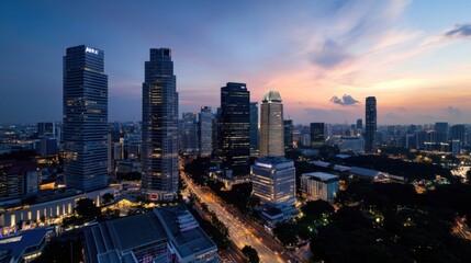 Leinwandbilder - Singapore cityscape at twilight, showcasing modern skyscrapers and vibrant city lights against a colorful sunset sky.  A stunning aerial view of the city's architectural marvels and bu : Generative AI